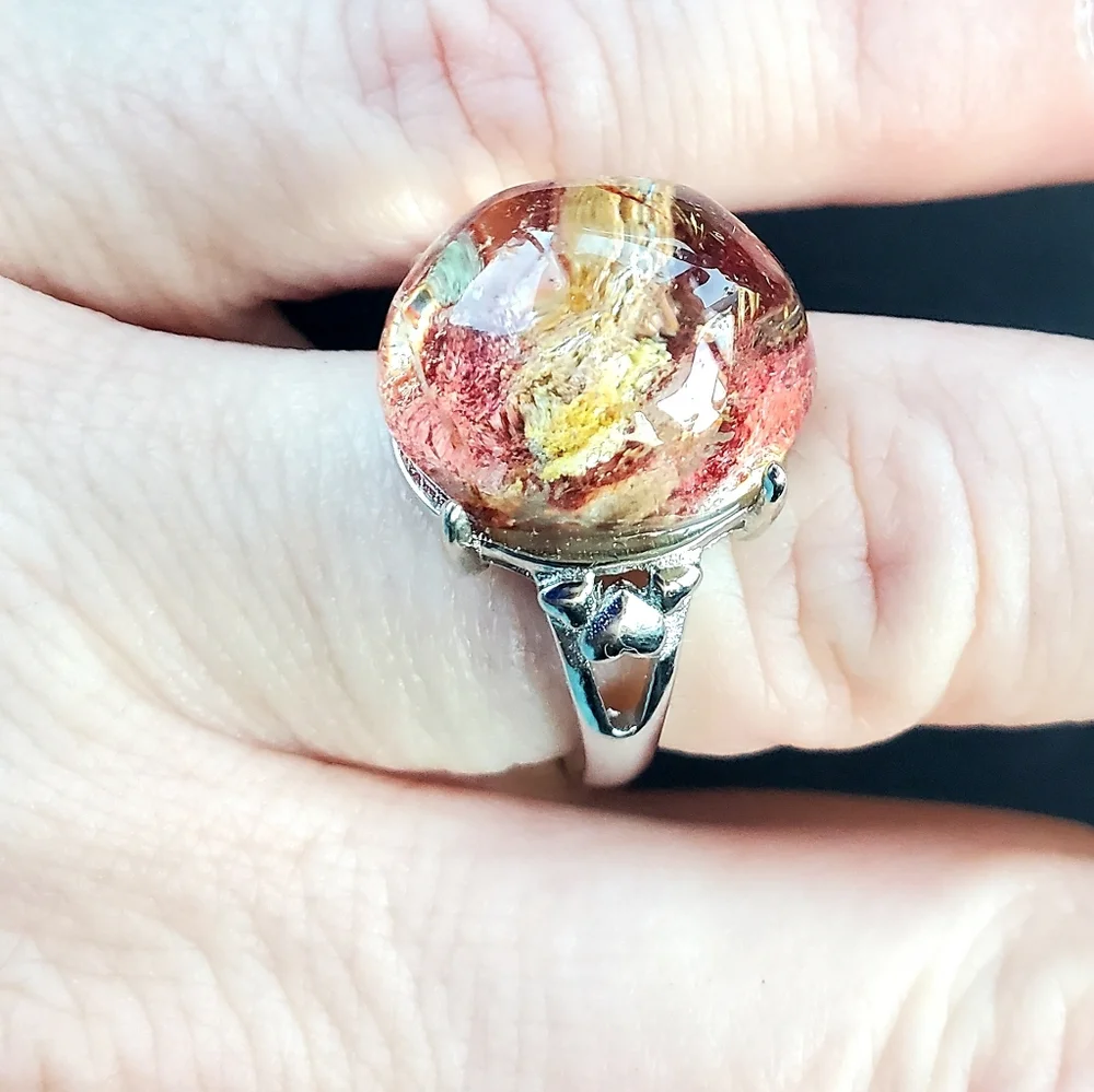 New Red Yellow Phantom Quartz Lodolite Adjustable 925 Silver Ring.